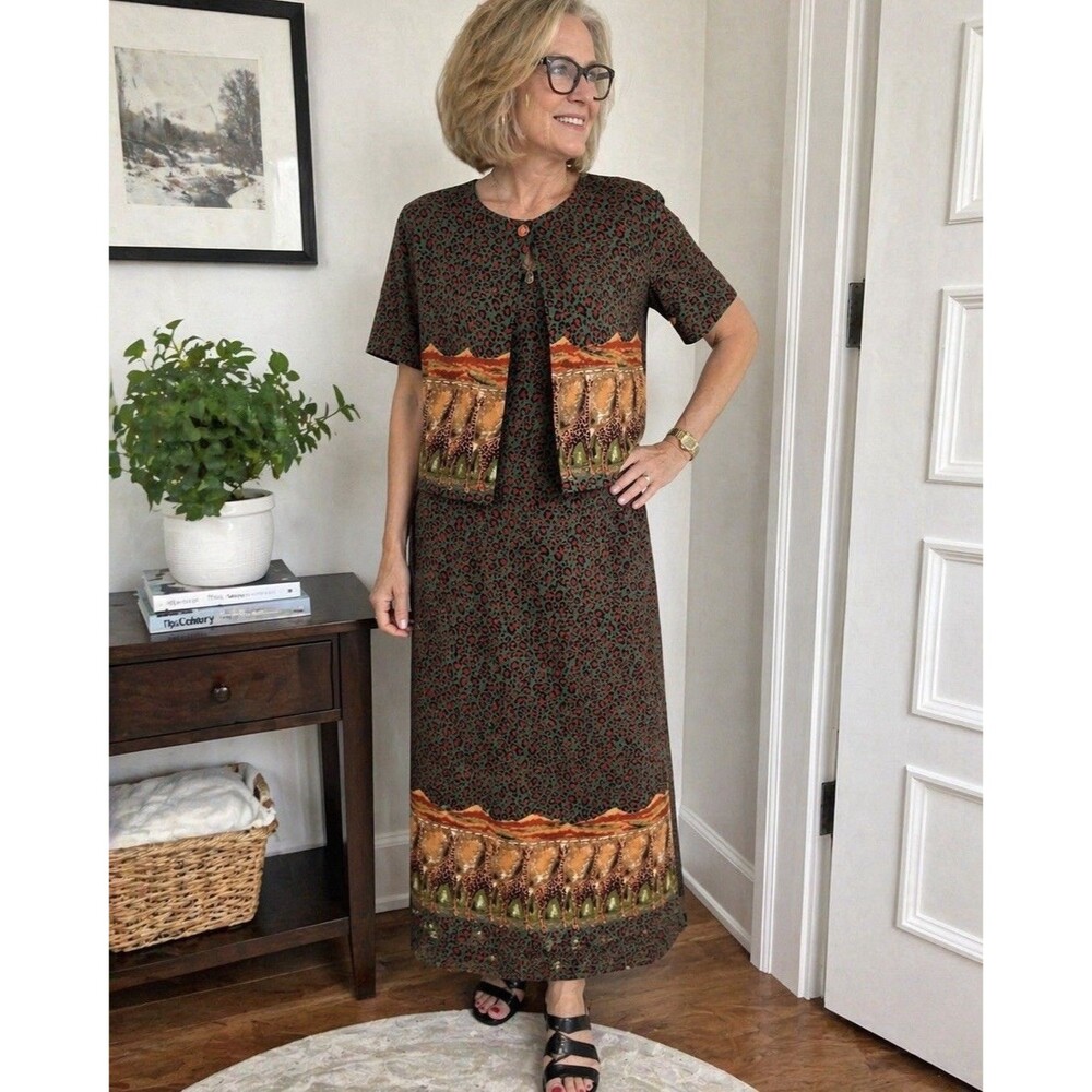 Vintage Robbie Bee Brown Giraffe Maxi Dress 2 Pc Set Safari Animal Print Size 10 - Picture 3 of 12